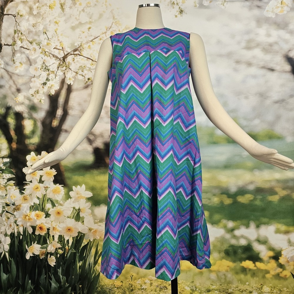 Vintage 1960's Dress Shift Mod Purple Green Zigzag Pattern Sleeveless 60s Groovy - Picture 9 of 15